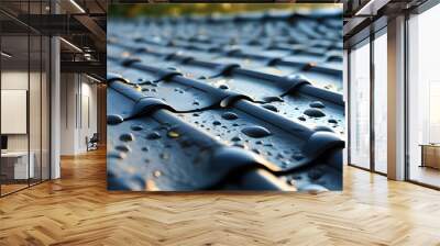 Morning dew on sleek metal roof tiles highlights modern design and durability in construction. Wall mural