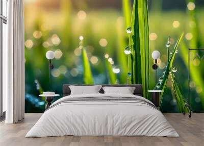 Morning dew sparkling on lush green grass in serene rice fields Wall mural