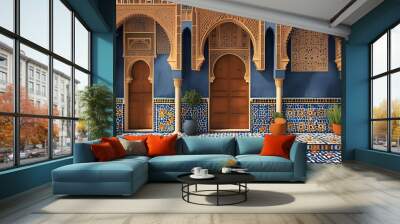 Moroccan-inspired ornate pattern in navy and terracotta hues, seamless design reflecting rich cultural heritage, ideal for tiles, apparel, and print applications. Wall mural