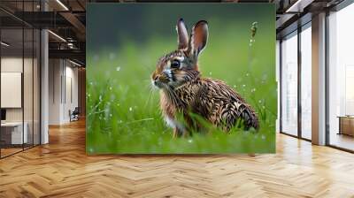 Mountain hare resting in lush green grass after a refreshing rain Wall mural