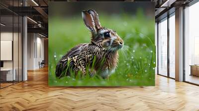 Mountain hare resting in lush green grass after a refreshing rain Wall mural