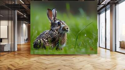 Mountain hare resting in lush green grass after a refreshing rain Wall mural