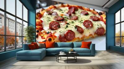 Mouthwatering pepperoni pizza slice with melted cheese on a crisp crust against a clean white backdrop Wall mural