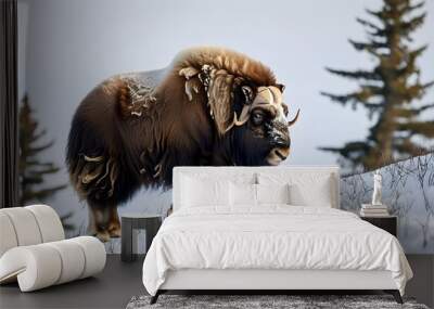 Musk Ox Ascending Snow-Covered Mountain in Winter Landscape Wall mural