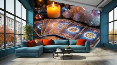 Mysterious tarot reading setup with candles and crystals for divination Wall mural