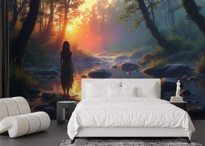 Mystical Forest Sunrise with Woman by Creek Observing Enigmatic Floating Rock in Dreamlike Digital Art Illustration Wall mural