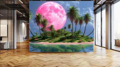 Neon-Drenched Island with Palm Trees Beneath a Enormous Pink Moon in a Magical Fantasy Landscape Wall mural