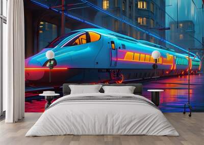 Neon-lit futuristic train gliding through a vibrant urban landscape at night Wall mural