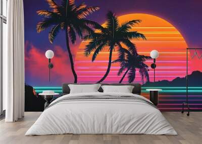 Neon smoke backdrop with palm tree silhouettes embodying retro aesthetics in a vibrant synthwave summer vacation theme Wall mural