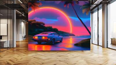 Neon-tinged retro car beneath vibrant arc on tropical beach, embodying retrowave and vaporwave aesthetics for summer vacation vibes in stylish illustration Wall mural