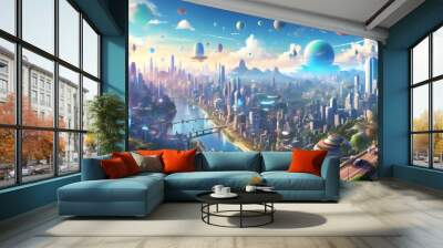 Nighttime cityscape view from a hill in captivating game art style Wall mural