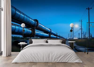 Nighttime industrial landscape featuring steel pipelines and cables illuminated in blue tones Wall mural