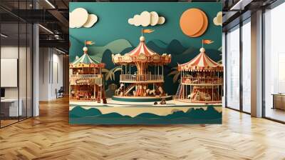 Nostalgic paper cut design featuring a vintage carnival with layered rides, festive games, and colorful striped tents Wall mural