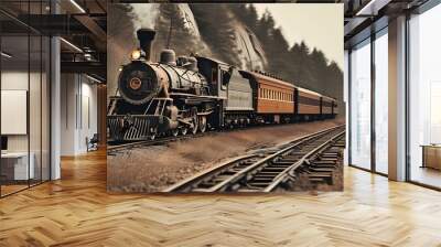 Nostalgic sepia-toned railway scene featuring vintage locomotives on historic tracks transporting travelers through a picturesque landscape Wall mural