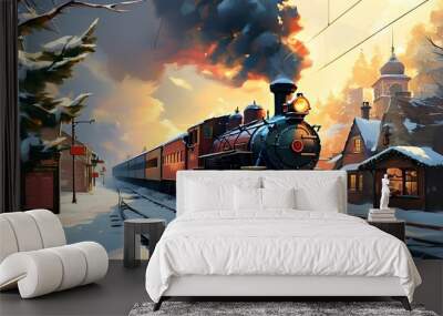 Nostalgic steam train at historic city station, capturing the festive spirit of Christmas and New Year travel, perfect for poster and card design with ample room for text. Wall mural