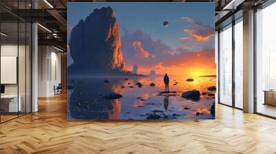 Observer Contemplates Floating Monolith in Surreal Twilight Landscape, Digital Art with Dreamlike Sky and Mysterious Sunset Wall mural