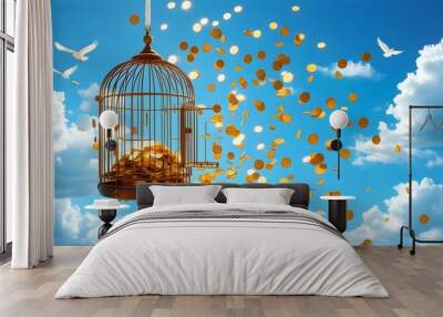 Open birdcage with flowing gold coins against a blue sky, evoking themes of prosperity and freedom Wall mural