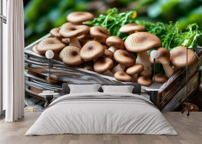 Organic brown mushrooms displayed in rustic wooden crates at a vibrant farmers market, highlighting sustainable agriculture and healthy eating choices. Wall mural