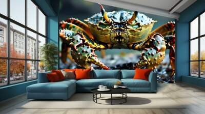 Ornate armored Sichuan crab standing vigilant in a vibrant, spicy kingdom Wall mural