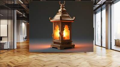 Ornate wooden lantern with warm flickering flame casting a soft glow, featuring an intricate design and a hanging loop Wall mural