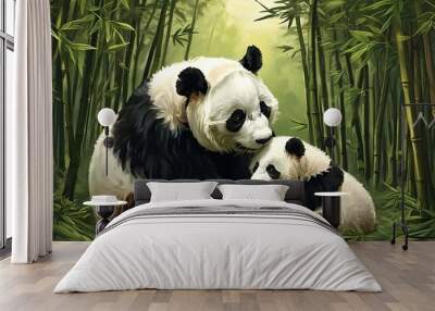 Panda Family Bonding in Lush Bamboo Forest Wall mural