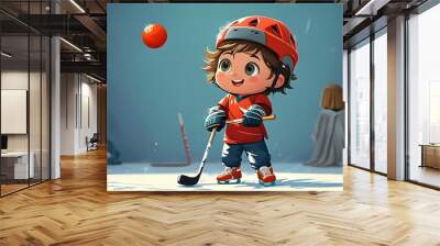 Playful cartoon character engaged in hockey, vibrant banner background with ample copy space for creative messaging Wall mural