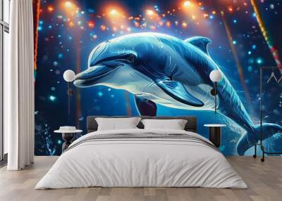 Playful Cartoon Dolphin Dazzling Audiences with Tricks in a Vibrant Circus Setting of Shimmering Blue Hues Wall mural