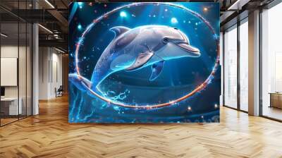 Playful Cartoon Dolphin Dazzling Audiences with Tricks in a Vibrant Circus Setting of Shimmering Blue Hues Wall mural