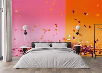 Playful confetti cascade on a vibrant pink and orange gradient backdrop, ideal for festive celebrations and memorable events Wall mural