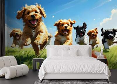 Playful puppies joyfully chasing a soccer ball on a sunny grassy field filled with energy and excitement Wall mural