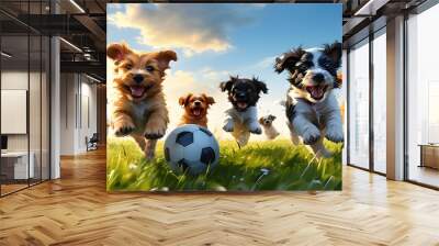 Playful puppies joyfully chasing a soccer ball on a sunny grassy field filled with energy and excitement Wall mural