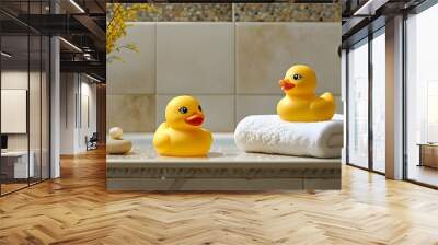 Playful yellow rubber duck beside a soft white towel in a serene bathroom setting, embodying relaxation, cleanliness, childhood joy, and a touch of luxury Wall mural