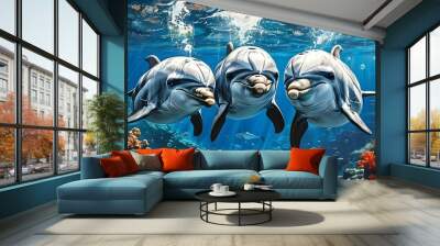 Porpoise Diplomat Facilitating Harmony Among Diverse Marine Life in Lively Underwater World Wall mural