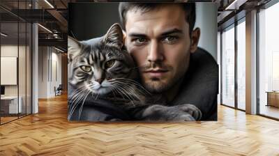 Portrait of a serious man holding his beloved cat, showcasing the bond between a pet owner and his feline companion Wall mural