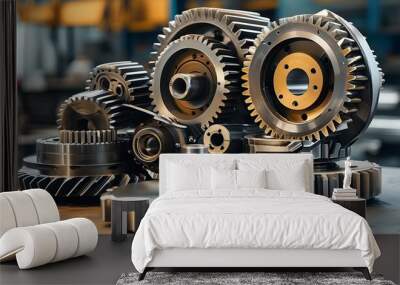 Precision-crafted metallic gears showcasing industrial elegance and intricate design, perfect for a technology or engineering showcase Wall mural