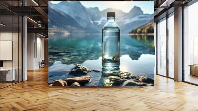 Pristine lake view with clear water bottle on rocky shore framed by majestic mountains under bright natural light Wall mural