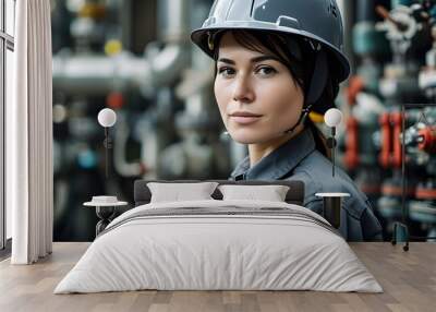 Professional female engineer in uniform and helmet oversees operations at a gas production facility Wall mural