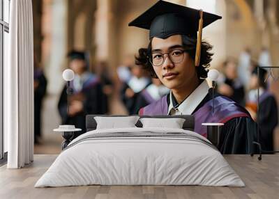 Proud graduate celebrating achievement in cap and gown Wall mural