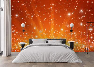 Radiant orange canvas adorned with shining stars and ethereal sparkles, softly illuminated from below Wall mural