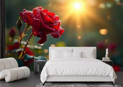 Radiant red rose glistening with morning dew, bathed in sunlight, epitomizing floral beauty for romantic designs and heartfelt celebrations Wall mural