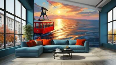 Red cable car gracefully soaring above a shimmering sea during the golden hour, captured in a realistic illustration style Wall mural