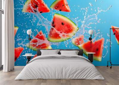 Refreshing watermelon slices splashing water against a vibrant blue backdrop, embodying the essence of summer. Wall mural