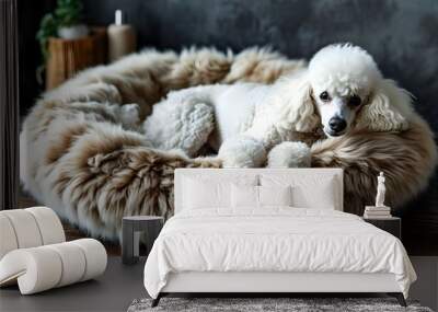 Relaxing White Poodle on Cozy Dog Bed with Pet Care Supplies in Serene Setting Wall mural