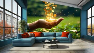 Releasing Shiny Gold Coins Against Lush Green Fields, Embodying Prosperity and Serenity Wall mural