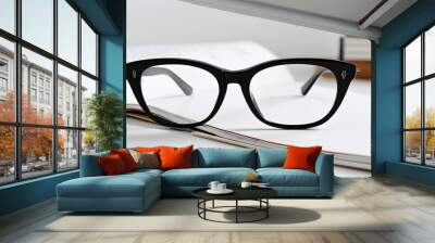 Retro black bifocal glasses with a classic design, embodying elegance and geek chic in eyewear fashion, isolated on a white background for a striking visual impact. Wall mural