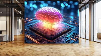 Revealing the Mysteries of a Silicon Brain: A 3D Render of Digital Circuits Illuminated by Backlighting and Vignette Effects Wall mural