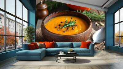 Rich Pumpkin Cream Soup in Rustic Bowl with Fresh Rosemary and Pepper on Wooden Table Evoking Autumn Warmth and Comfort Food Delights Wall mural