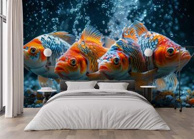 Ripe Japanese fish splashing in dark water tank, vibrant colors and intricate patterns under natural sunlight in captivating underwater photography Wall mural