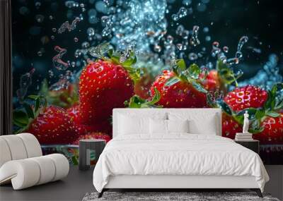 Ripe strawberries splashing into dark water, vibrant droplets creating intricate patterns under natural sunlight in an underwater scene Wall mural