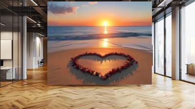 Romantic heart in beach sand at breathtaking sunrise over the ocean, perfect for Valentines Day posters, wedding invitations, and banners Wall mural